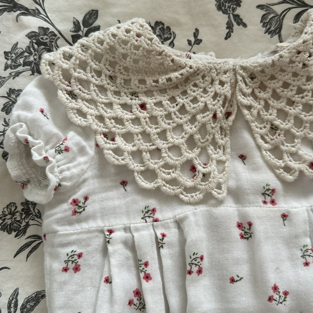 Floral White Baby Romper with Crochet Collar - Picture 2 of 5